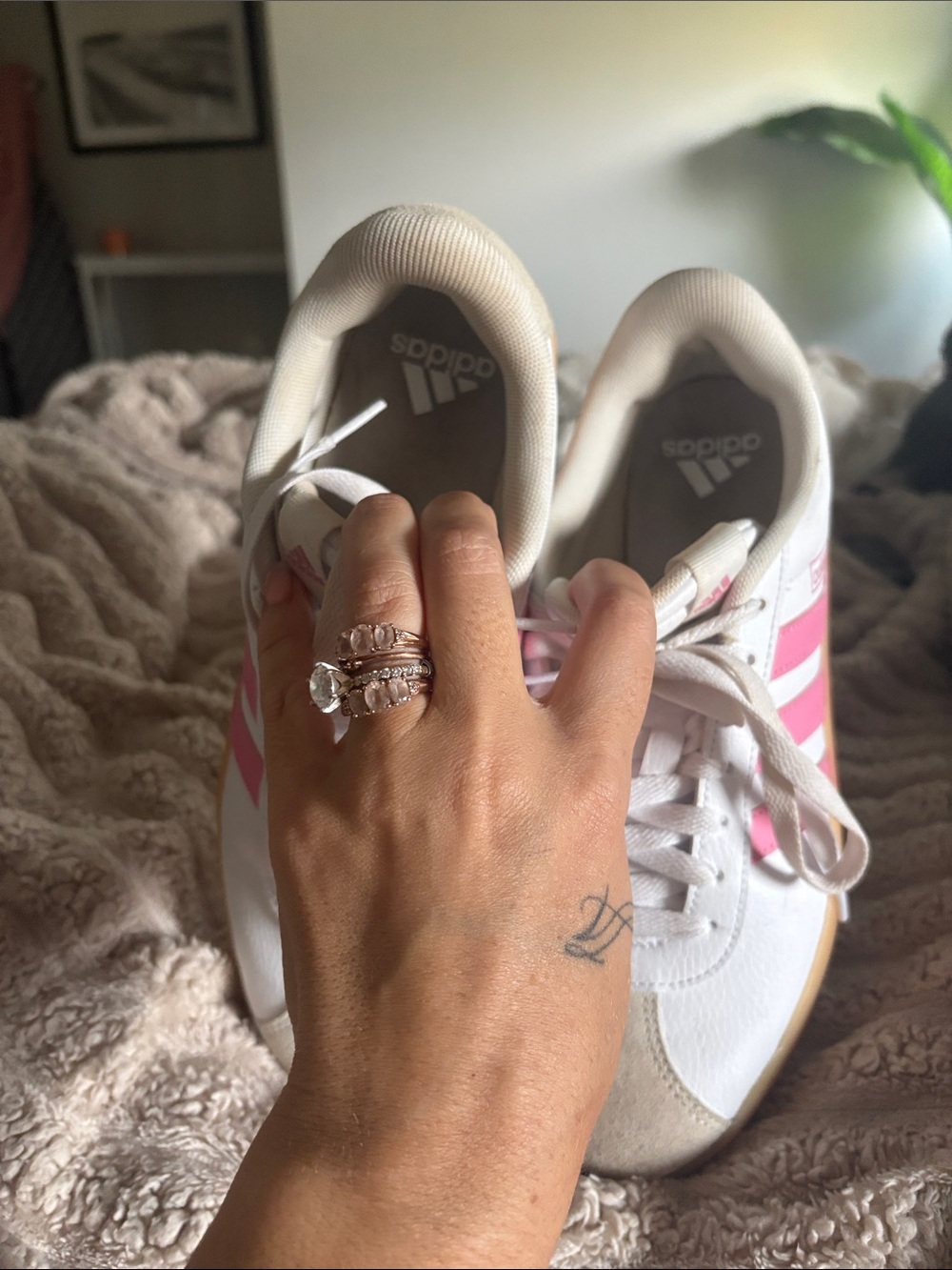 adidas White Sneakers with Pink Stripes and Gum Sole - Picture 4 of 7